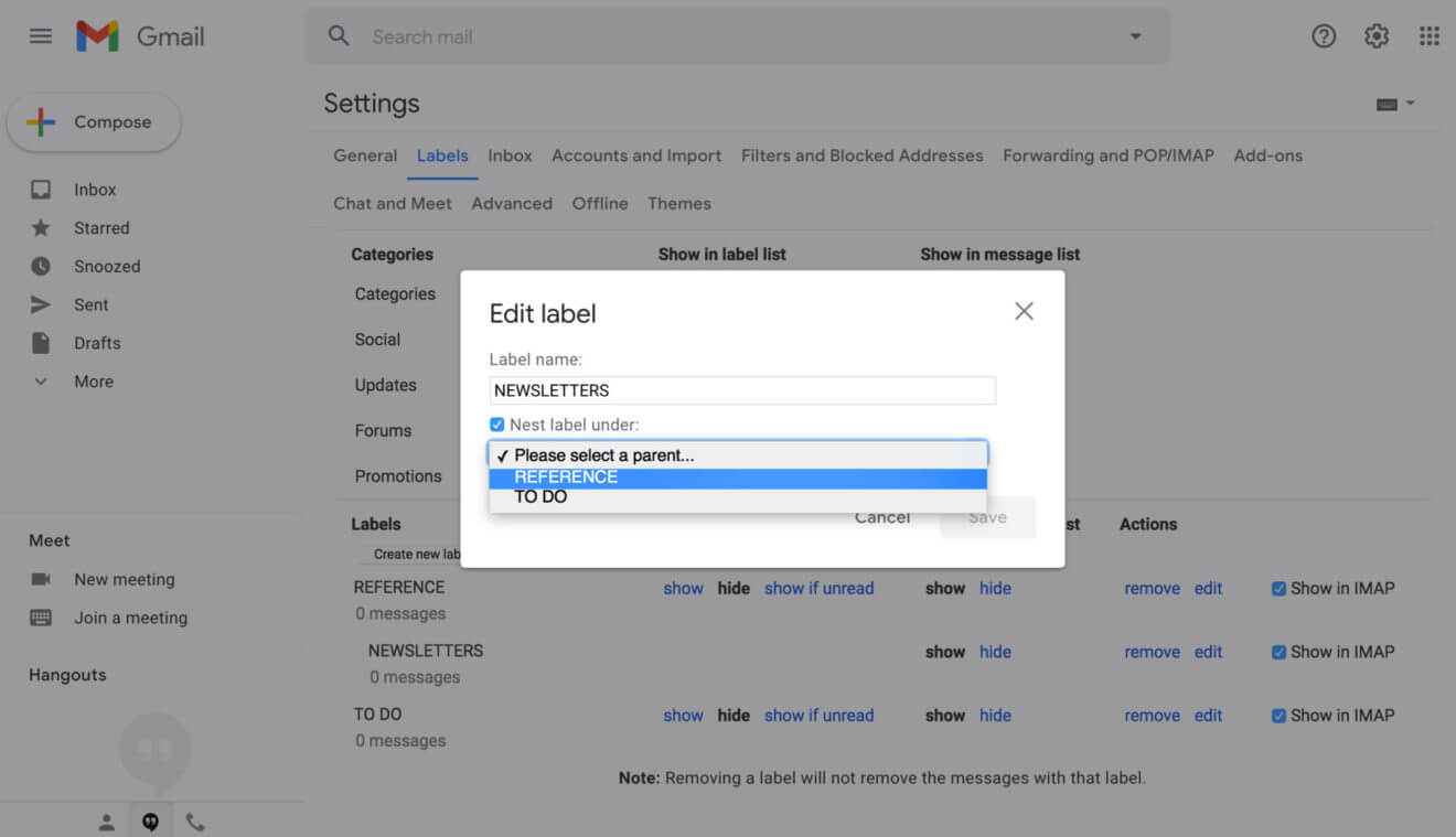 Create labels to organize gmail