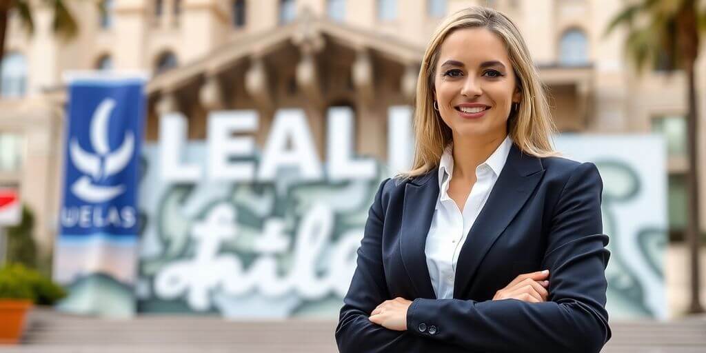 Real estate agent with local landmark in background.